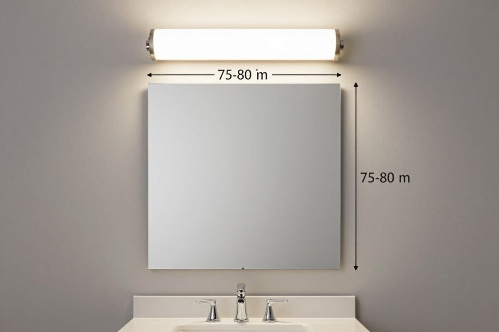 Diagram showing optimal height measurements for vanity lighting over mirror