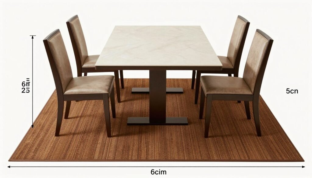 Diagram showing proper dining room rug sizing with chairs both pushed in and pulled out