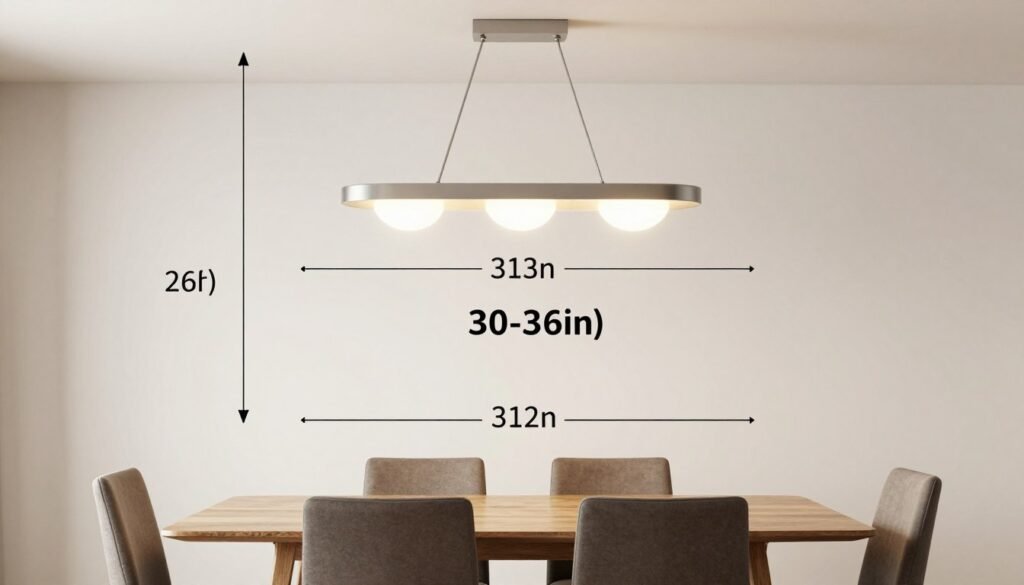 Diagram showing proper sizing and height measurements for dining room light fixtures over different table shapes