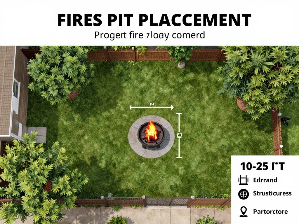 Diagram showing safe fire pit placement in a backyard, with measurements indicating proper distances from structures and trees
