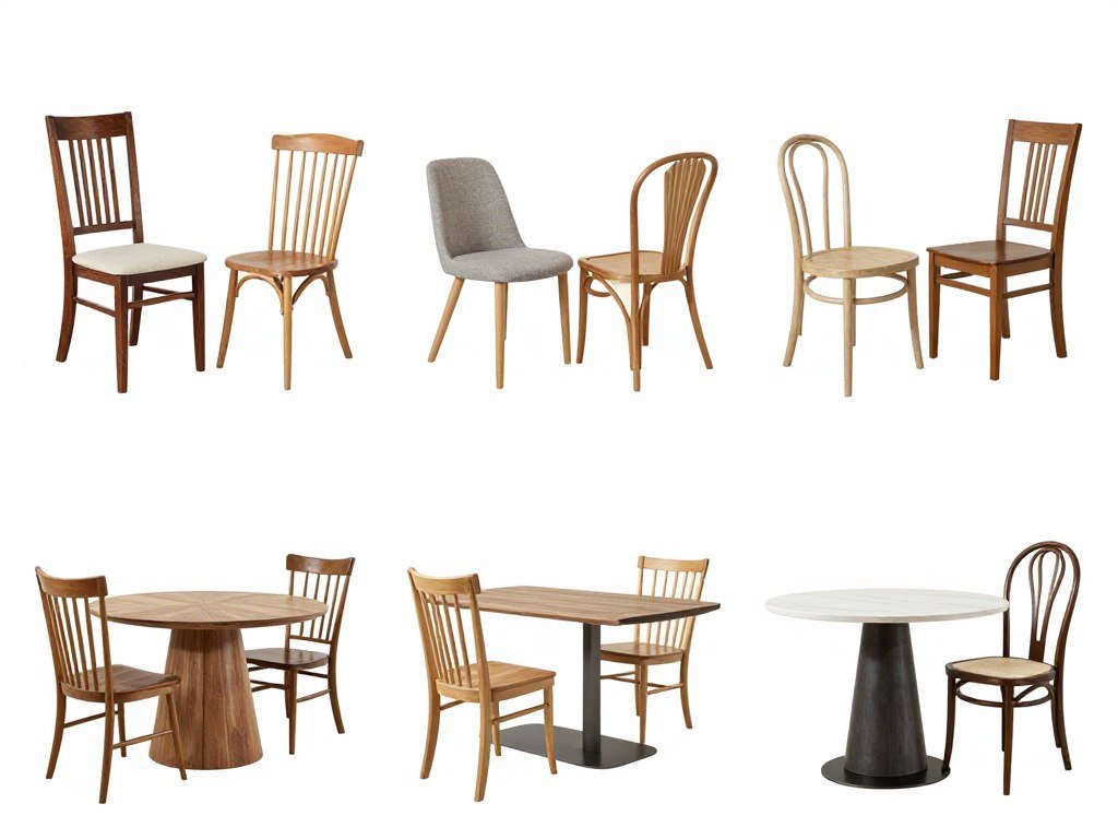 Different dining chair styles paired with various table designs showing both matching and mix-and-match approaches
