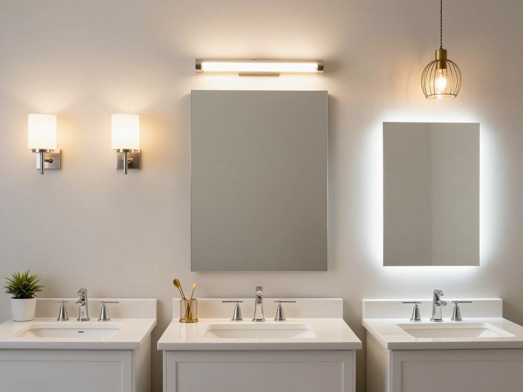 Different lighting fixtures paired with white bathroom vanities