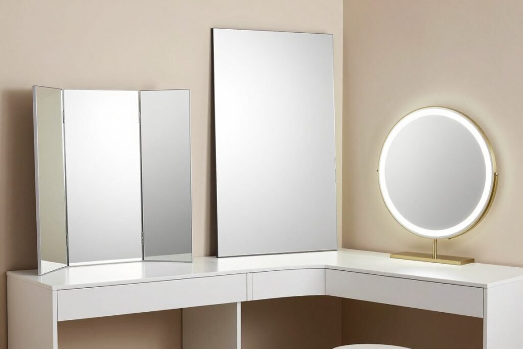 Different mirror options for vanity desks including trifold, wall-mounted, and illuminated styles