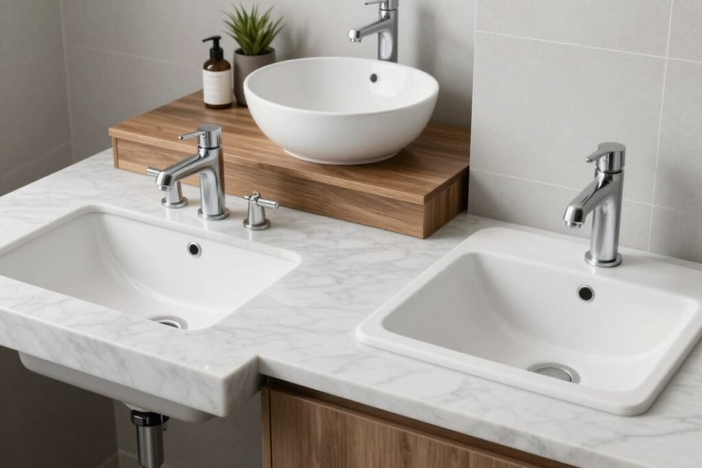 Different sink types for master bath vanities: undermount, vessel, and integrated