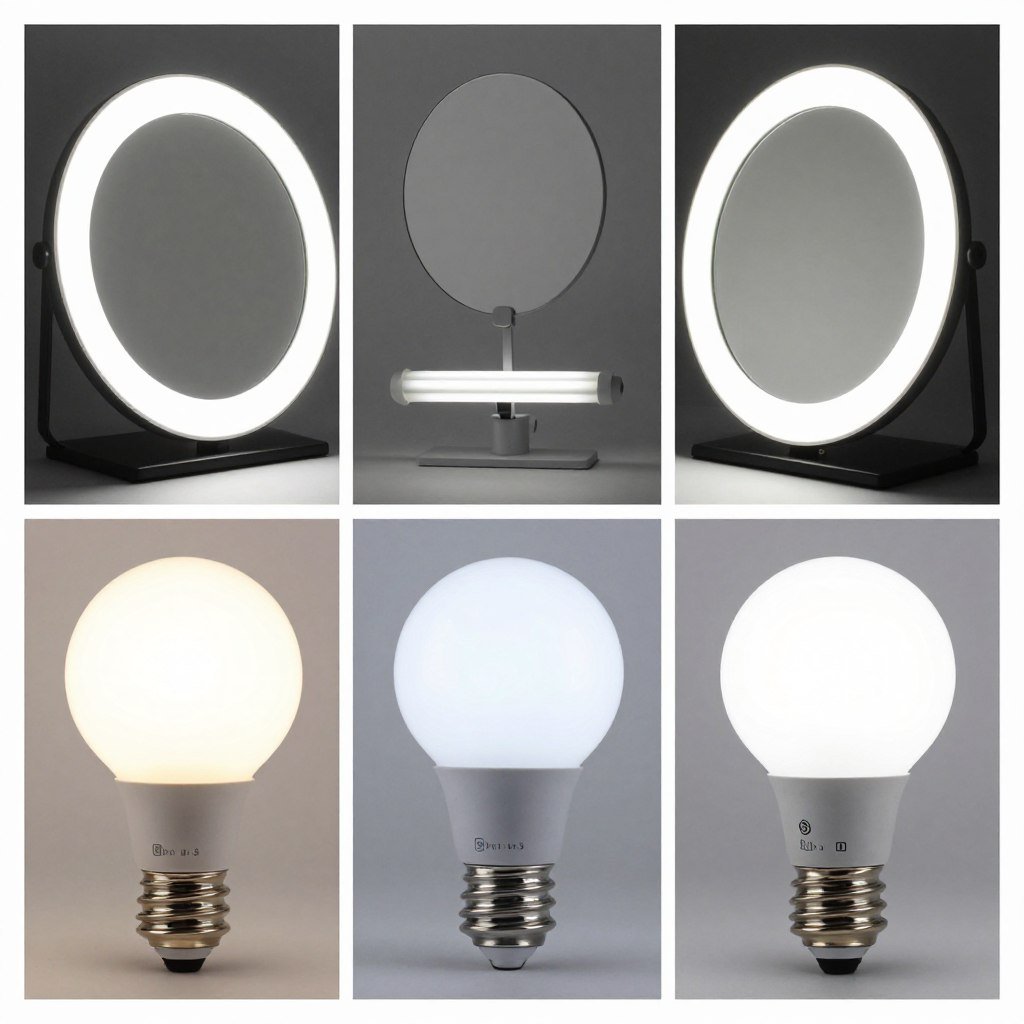 Different types of lighting for vanity mirrors including LED, fluorescent, and incandescent