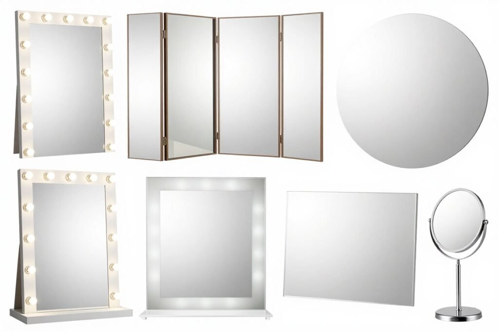 Different vanity mirror styles including Hollywood lights, tri-fold, and wall-mounted options