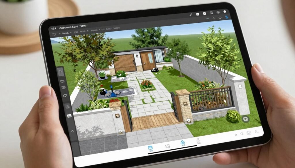 Digital rendering of backyard landscaping designs layout on tablet or computer