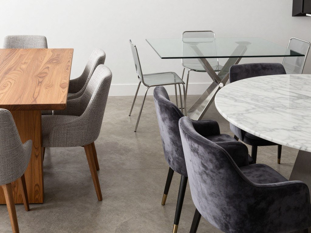 Dining area showcasing different table materials including wood, glass, and marble