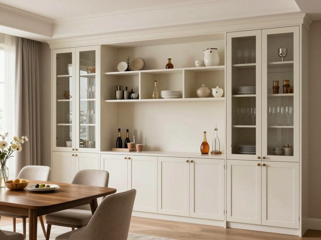 Dining area with built-in cabinetry for dish and glassware storage