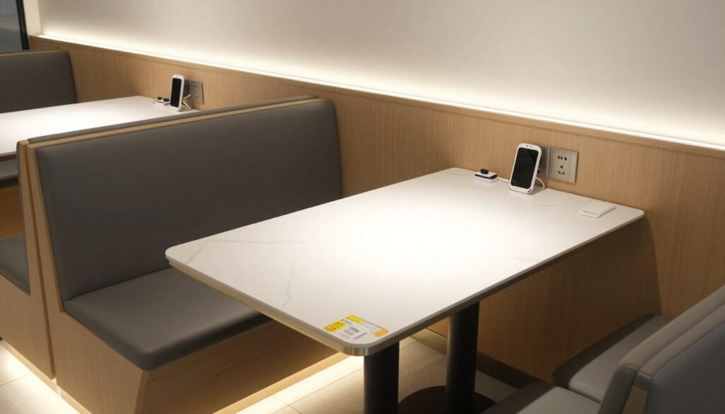 Dining booth with built-in lighting and electrical outlets