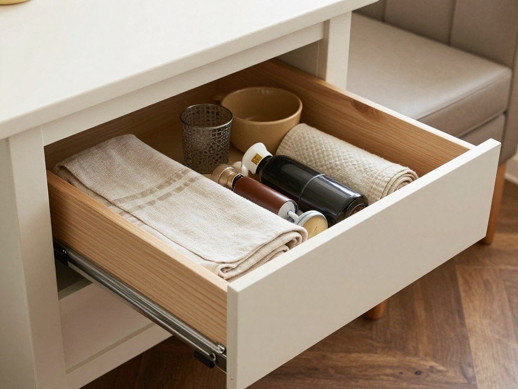 Dining booth with storage drawers underneath the seating
