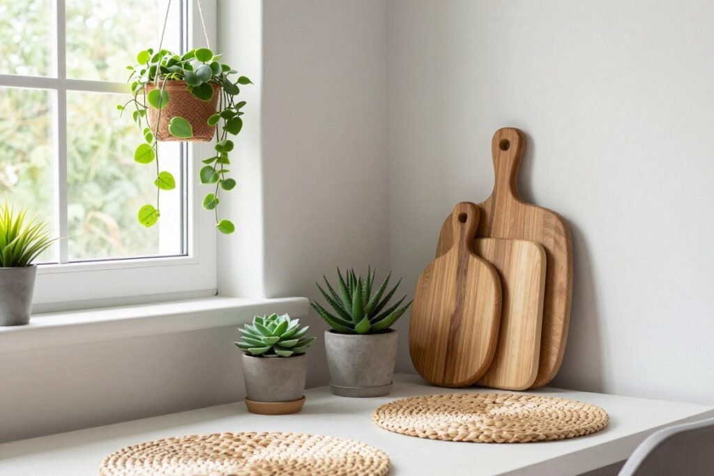 Dining nook incorporating various plants and natural elements - hanging plants, tabletop succulents, wooden accents, and woven textures
