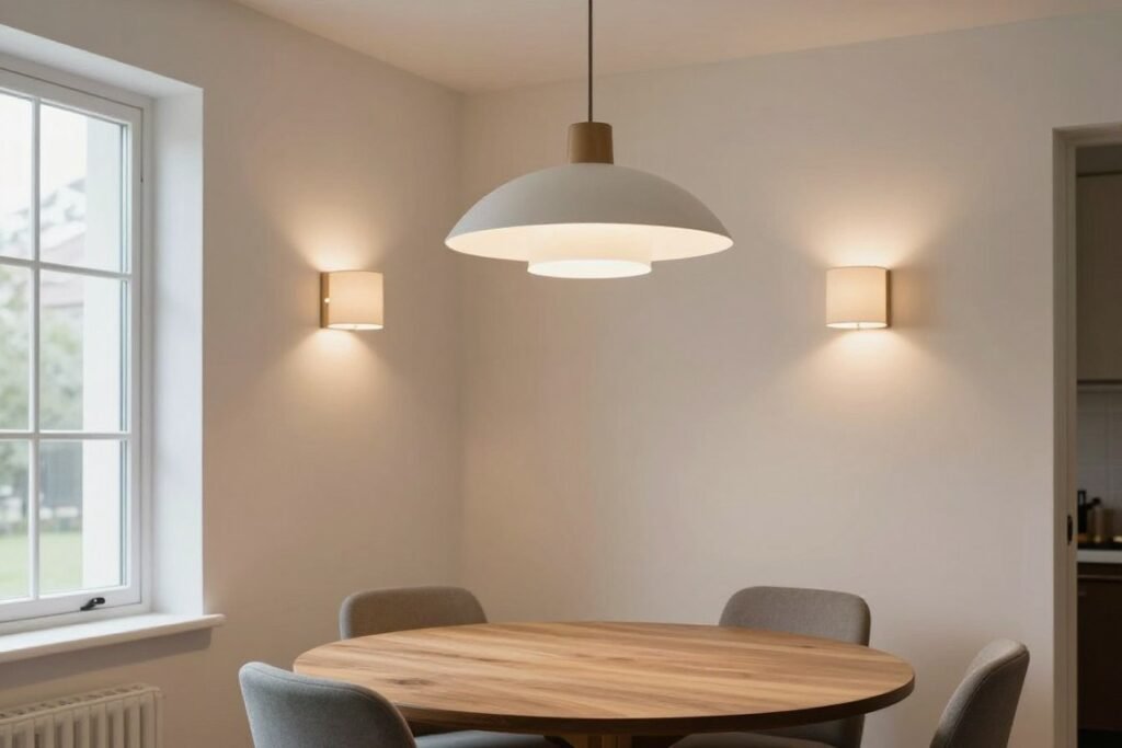 Dining nook with pendant light hanging over table, complemented by wall sconces and natural light from nearby window, creating layered lighting