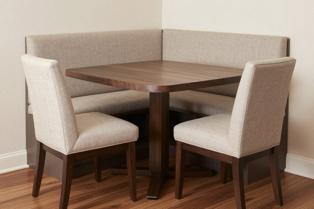 Dining nook with various seating options including built-in bench with storage, upholstered chairs, and stools, showing versatility in seating arrangements