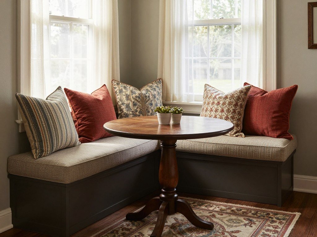 Dining nook with various textiles including cushions, throw pillows, curtains, and a small area rug, showing how fabrics add warmth and color