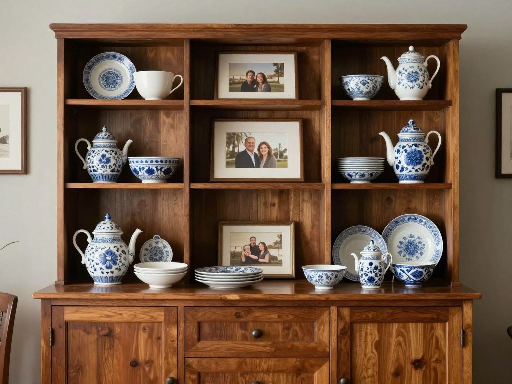 Dining room cabinet displaying a curated collection of meaningful objects Dining room cabinet displaying a curated collection of meaningful objects