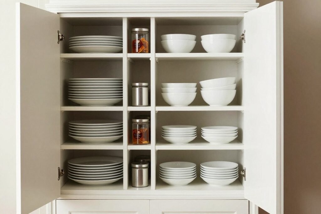 Dining room cabinet with adjustable shelving configured for optimal storage Dining room cabinet with adjustable shelving configured for optimal storage