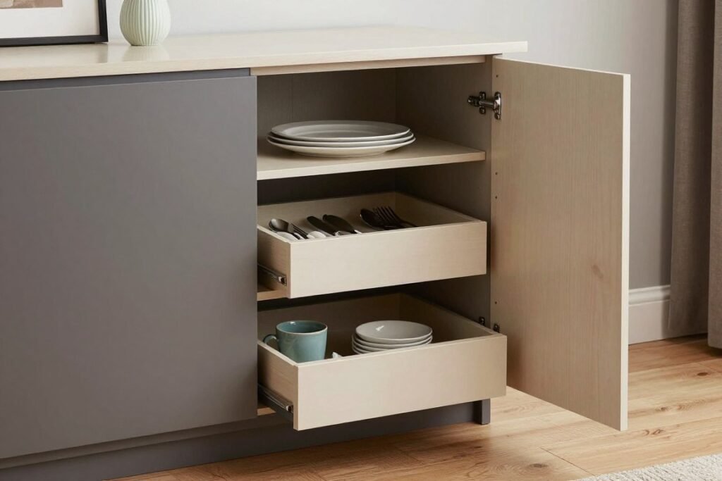 Dining room cabinet with functional storage features like adjustable shelves and specialized drawers Dining room cabinet with functional storage features like adjustable shelves and specialized drawers