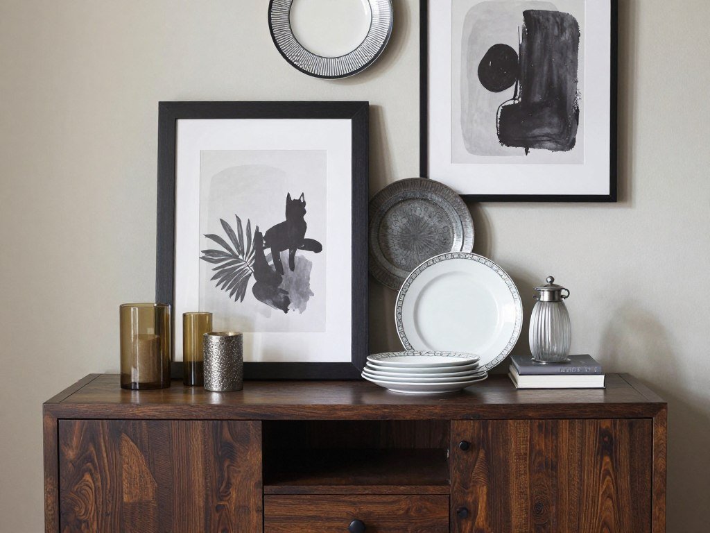 Dining room cabinet with layered decor creating depth and visual interest Dining room cabinet with layered decor creating depth and visual interest