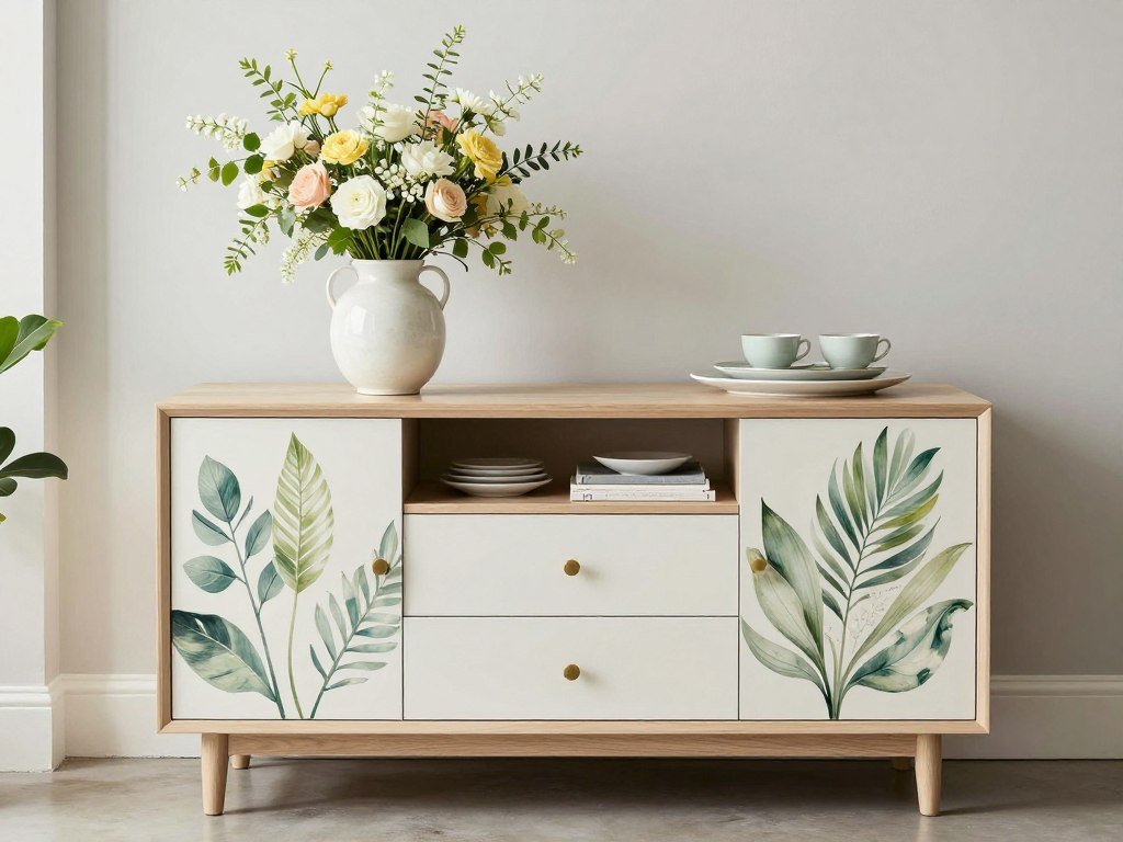 Dining room cabinet with seasonal styling featuring fresh flowers and natural elements Dining room cabinet with seasonal styling featuring fresh flowers and natural elements