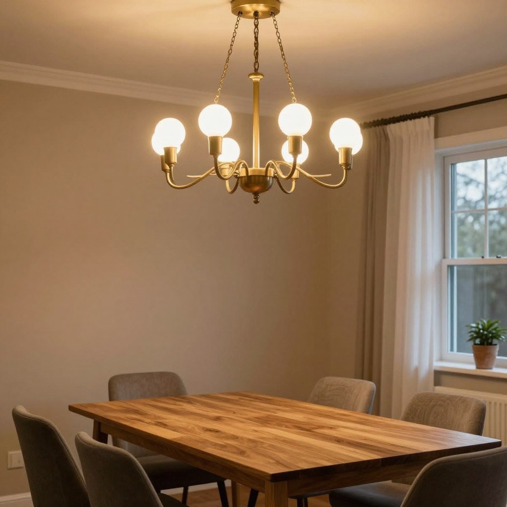 Dining room chandelier with warm LED bulbs creating inviting atmosphere
