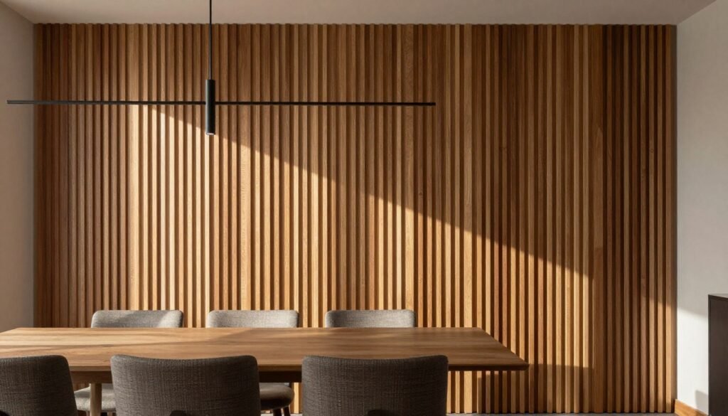 Dining room featuring a textured wood slat accent wall with warm lighting creating dramatic shadows