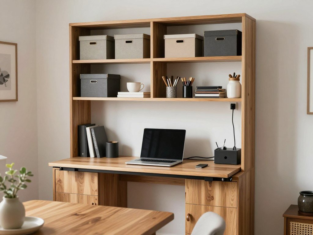 Dining room hutch adapted as a compact home office with laptop space, files, and office supplies Dining room hutch adapted as a compact home office with laptop space, files, and office supplies