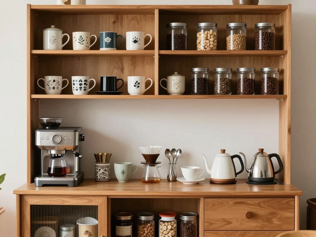Dining room hutch repurposed as a coffee and tea station with mugs, canisters, and brewing equipment Dining room hutch repurposed as a coffee and tea station with mugs, canisters, and brewing equipment