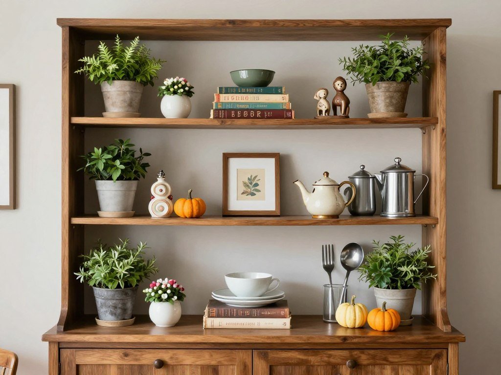 Dining room hutch styled with seasonal decorative elements including small plants, books, and collectibles Dining room hutch styled with seasonal decorative elements including small plants, books, and collectibles