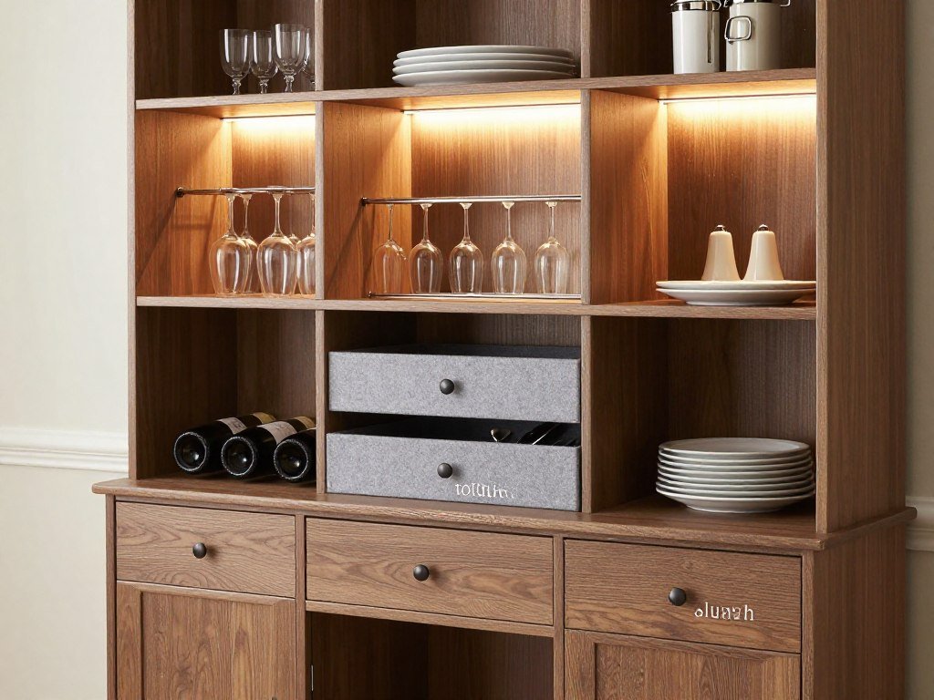 Dining room hutch with labeled functional features including adjustable shelves, wine storage, and lighting Dining room hutch with labeled functional features including adjustable shelves, wine storage, and lighting