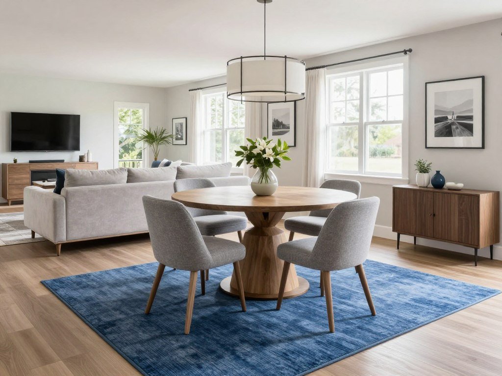 Dining room rug defining a cozy eating area in an open concept space