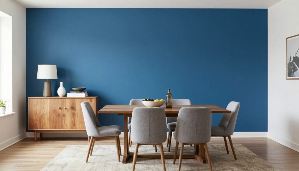 Dining room showing furniture arrangement that complements a bold blue accent wall with coordinating decor elements