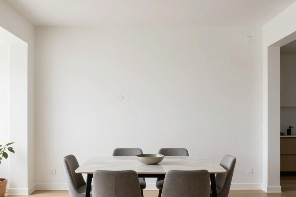 Dining room showing the optimal accent wall position facing the entrance, with arrows indicating sight lines and focal points
