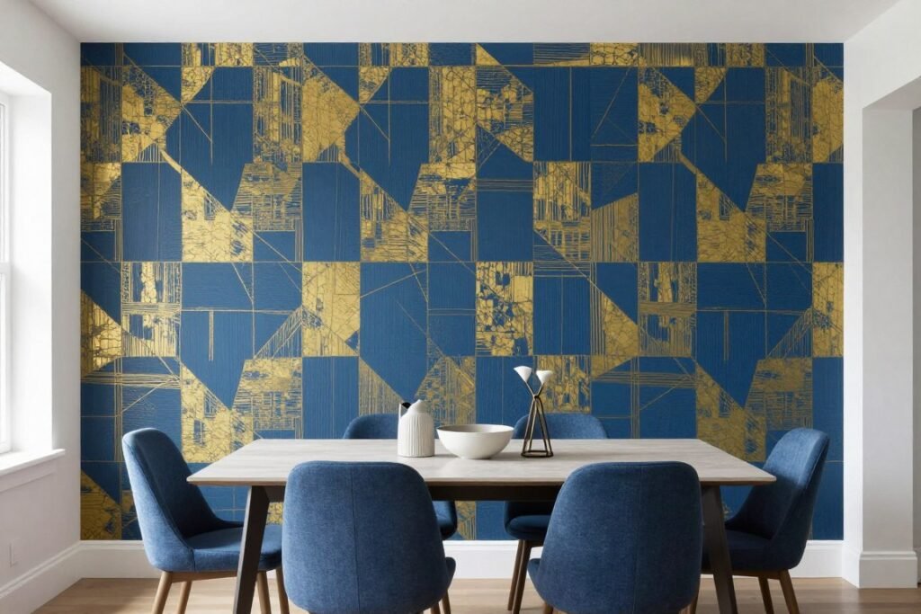 Dining room with a bold geometric wallpaper accent wall in blue and gold tones with complementary furniture