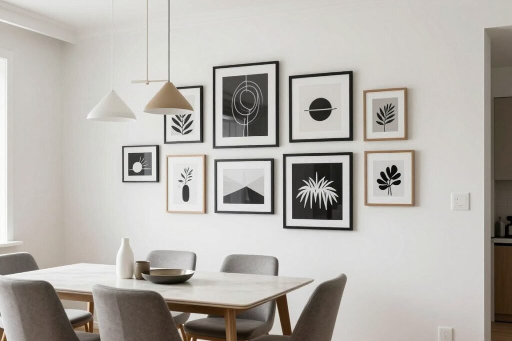 Dining room with a gallery wall accent featuring framed art in various sizes, modern furniture, and pendant lighting