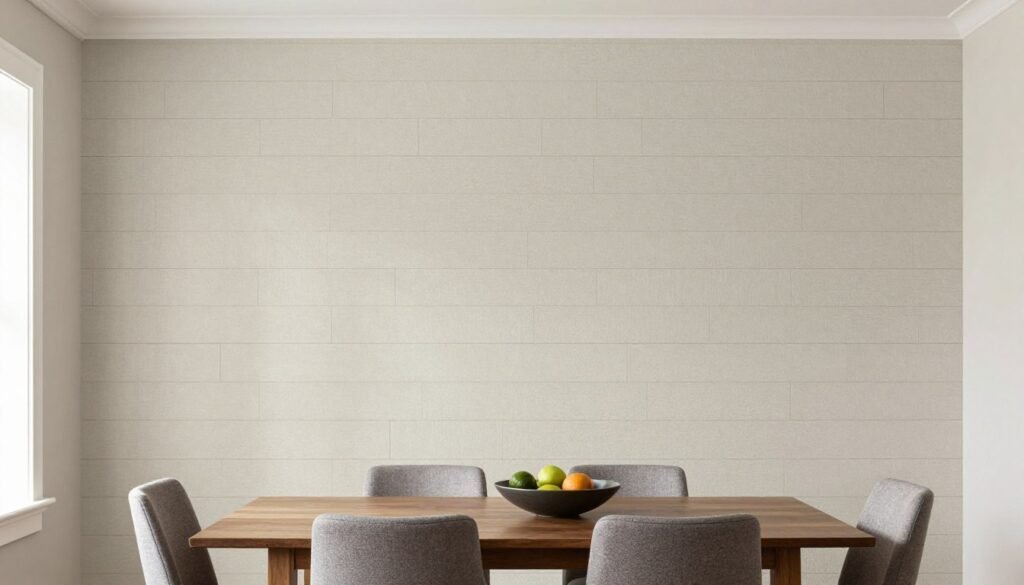 Dining room with a neutral accent wall that's styled differently for different seasons with changeable decor elements