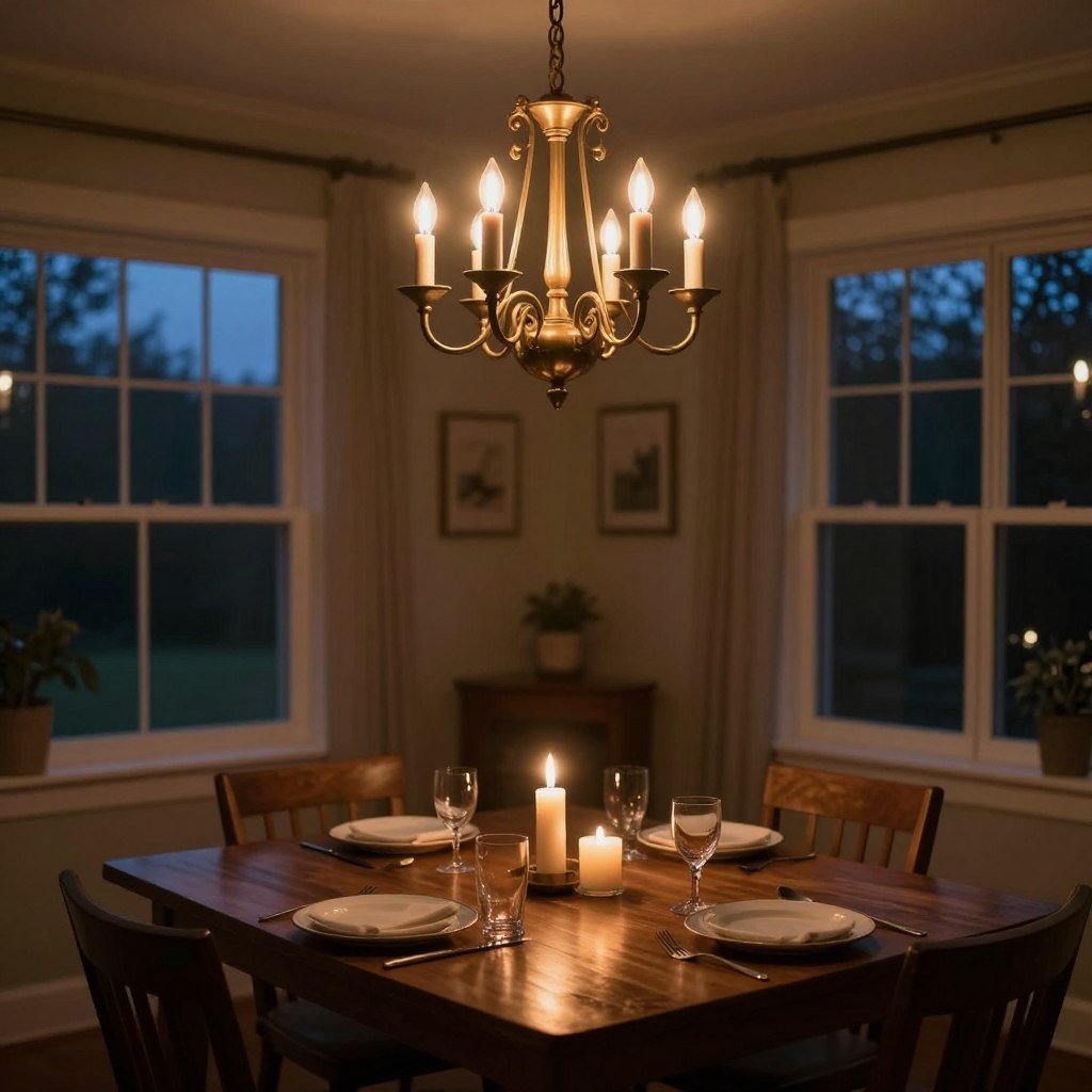 Dining room with chandelier on dimmer switch creating warm ambiance