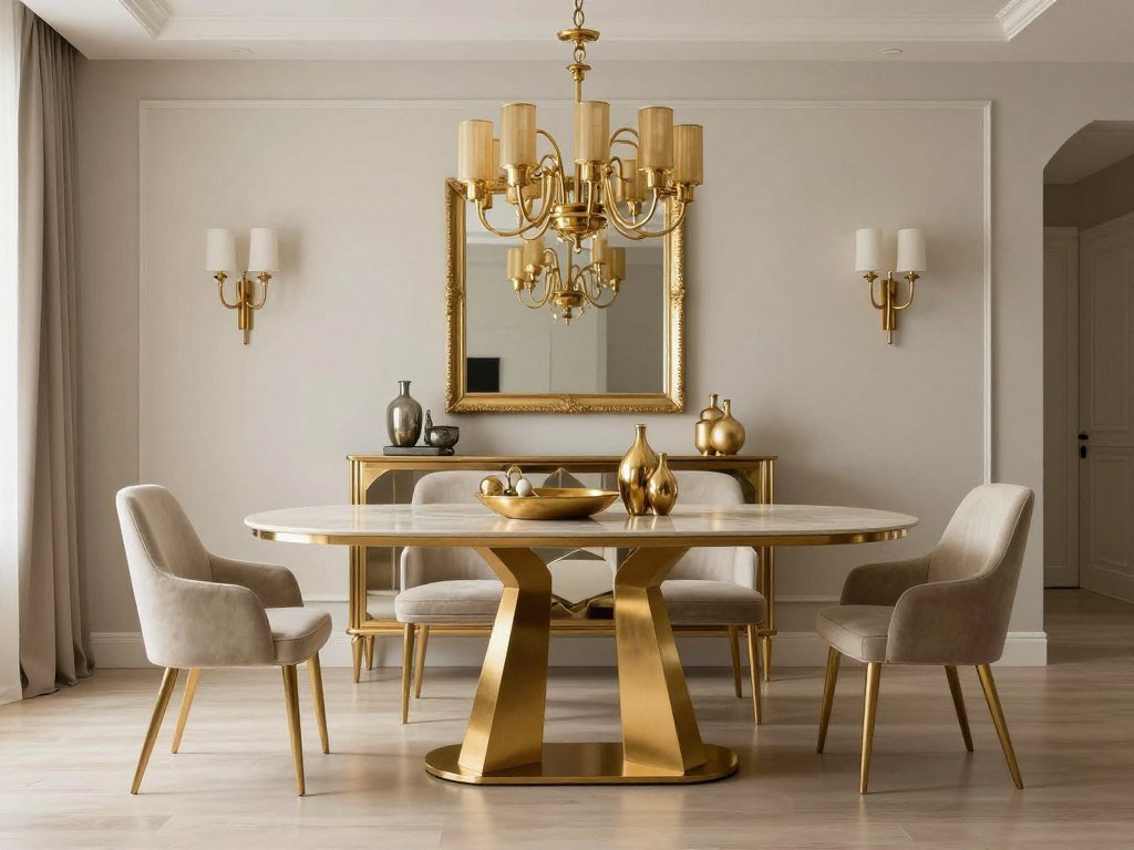 Dining room with gold and brass metallic accents throughout the decor