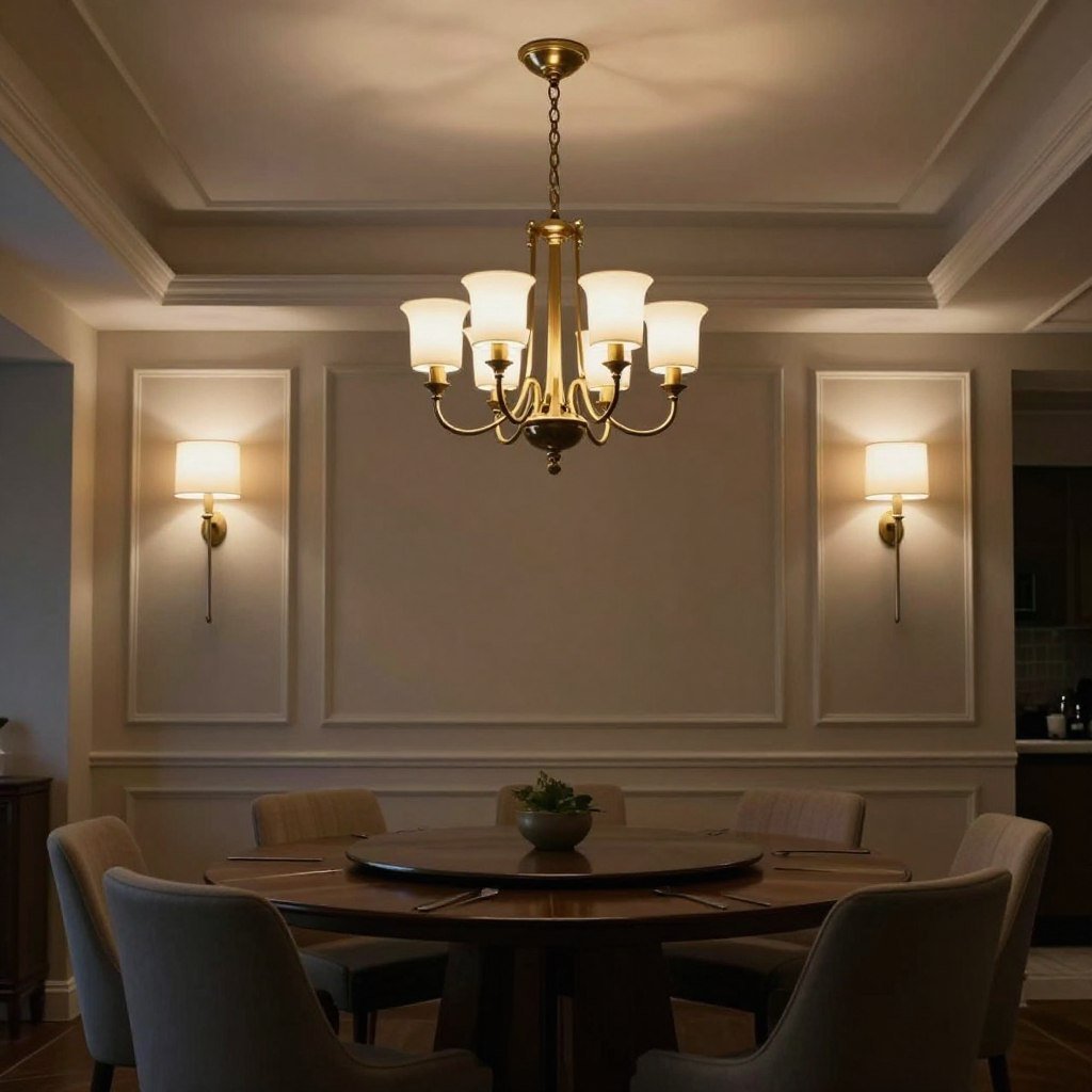 Dining room with layered lighting including chandelier and wall sconces