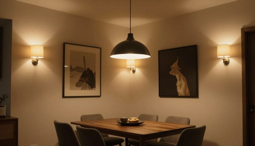 Dining room with layered lighting showing pendant over table, wall sconces, and subtle accent lighting highlighting artwork