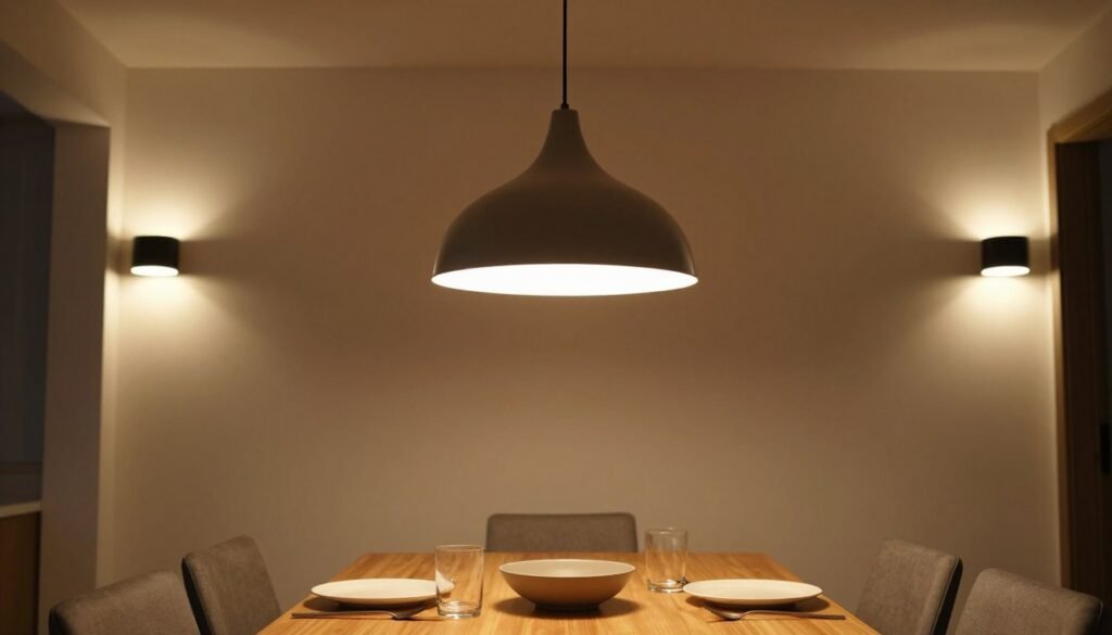 Dining room with statement pendant lighting hanging over a table, creating ambiance