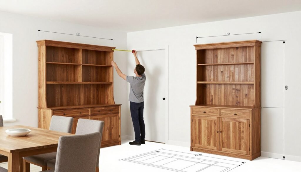 Dining room with tape measure and furniture placement templates showing hutch sizing considerations Dining room with tape measure and furniture placement templates showing hutch sizing considerations