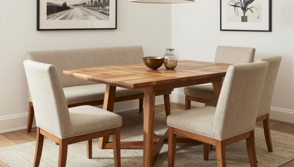 Dining table with bench seating on one side and chairs on the other