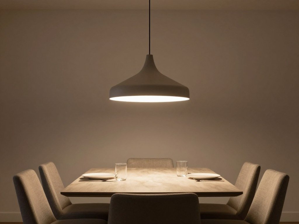 Dining table with dramatic pendant light fixture centered above