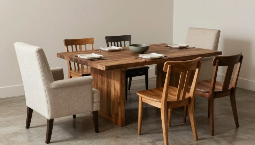 Dining table with mixed chair styles creating an eclectic yet cohesive look