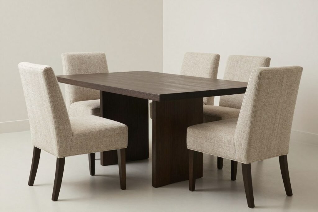 Dining table with upholstered armchairs at ends and side chairs along sides