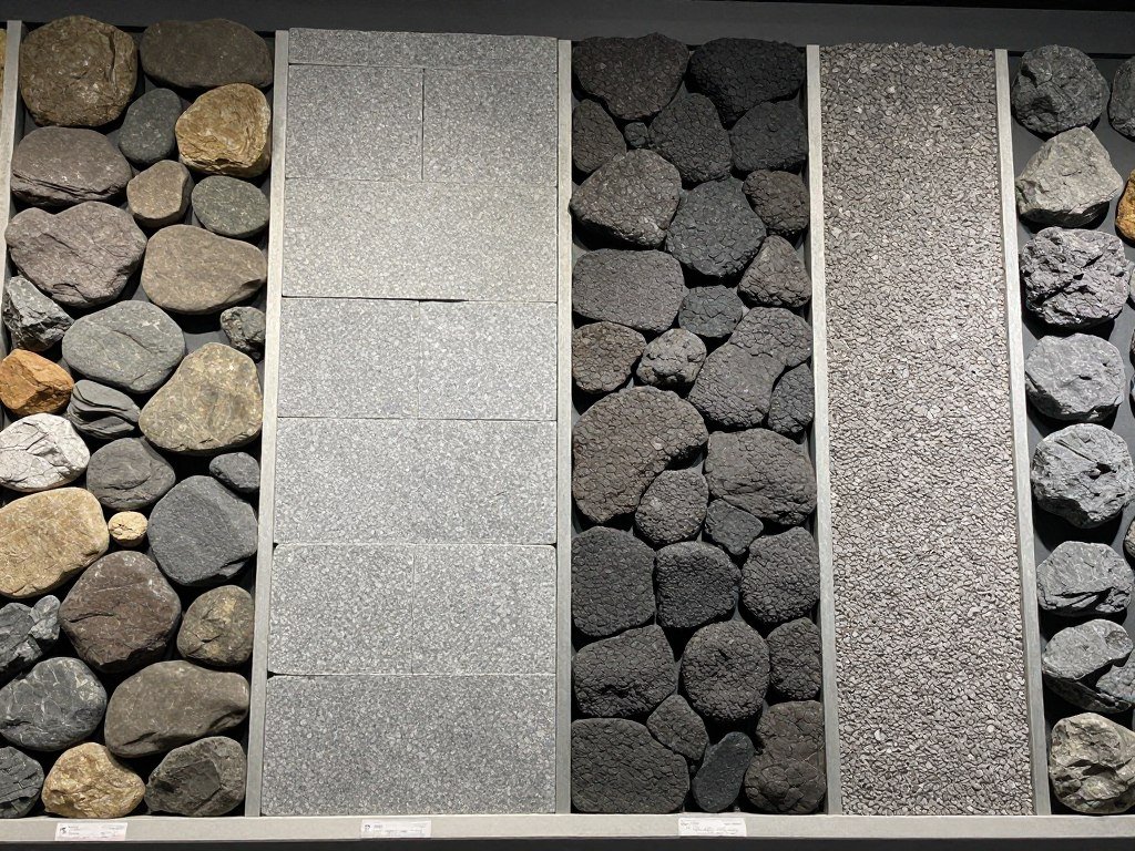 Display of different rock types used in landscaping including river rock, decomposed granite, flagstone, and boulders with varying colors and textures