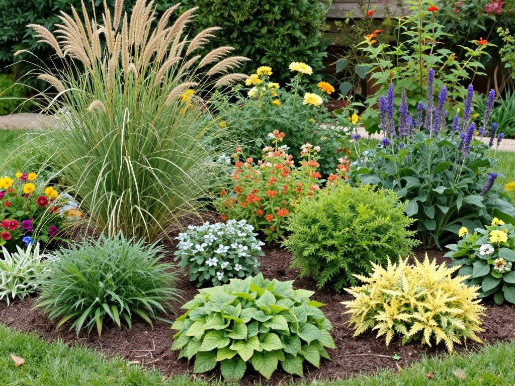 Diverse plant selection showing different heights, textures, and colors in a home garden