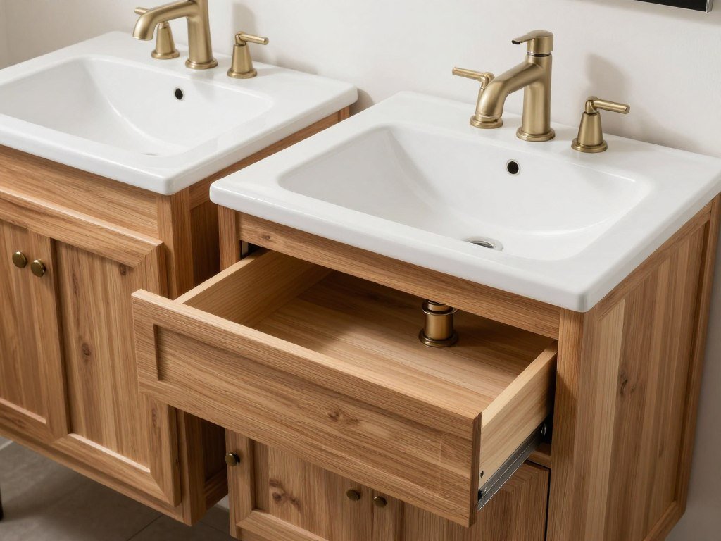 Double sink bathroom vanity construction showing quality materials