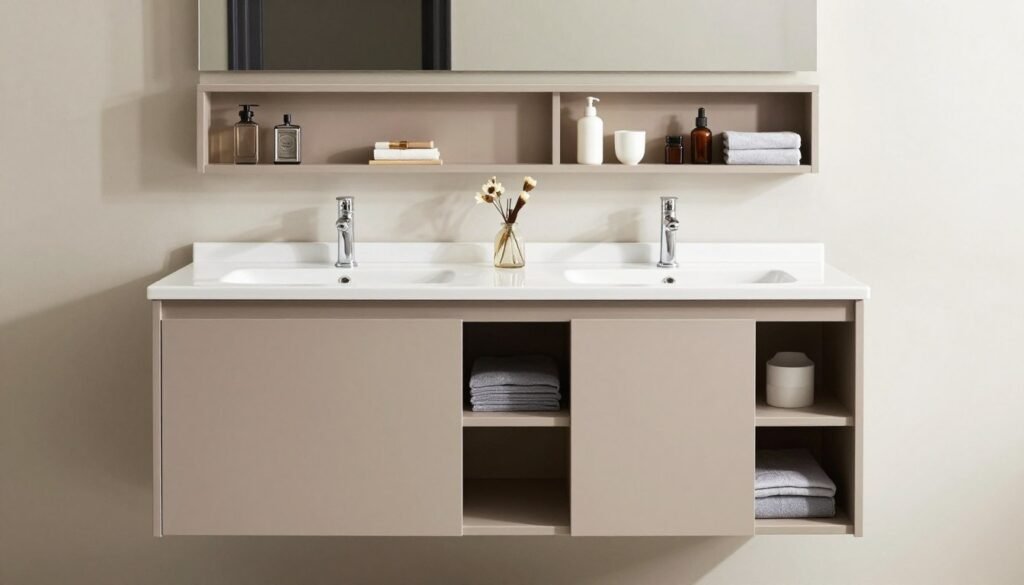 Double sink bathroom vanity with combination of open and closed storage